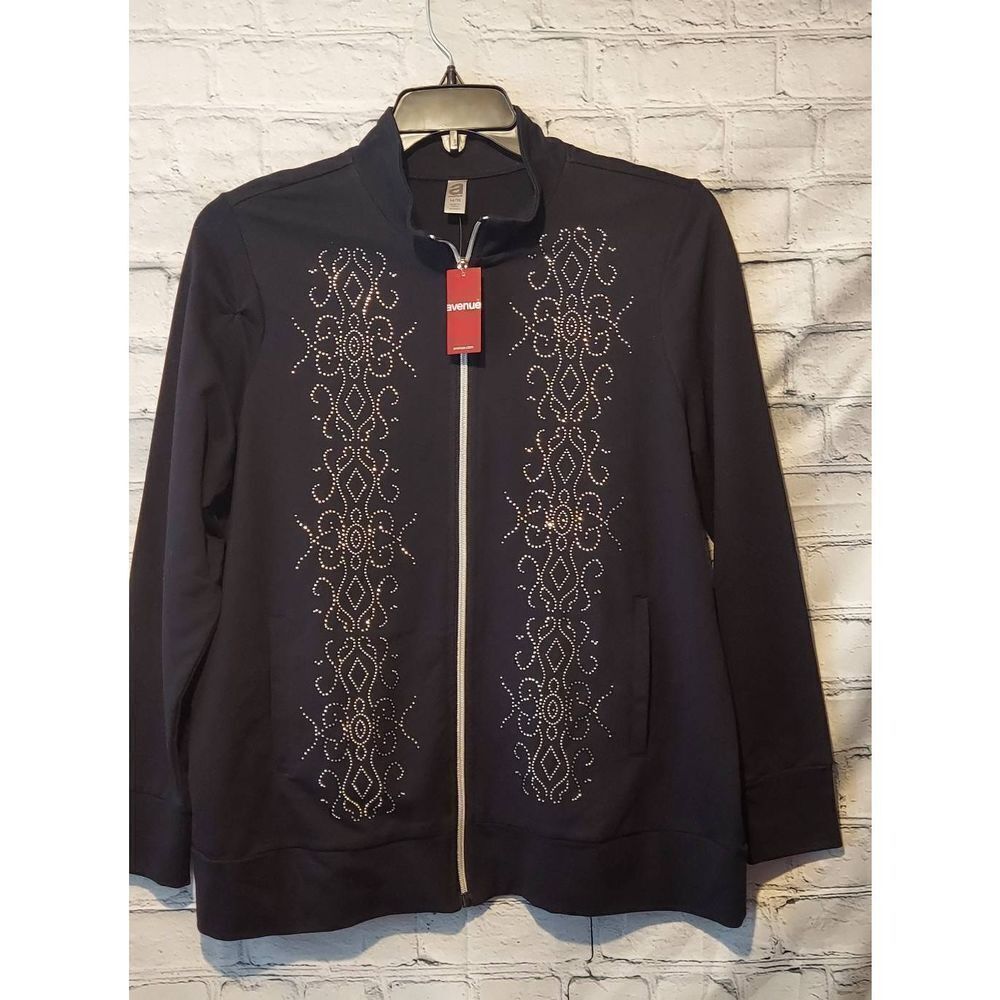 Avenue Womens 14/16 Zip Front Rhinestone Black Jacket Lightweight Pockets NWT